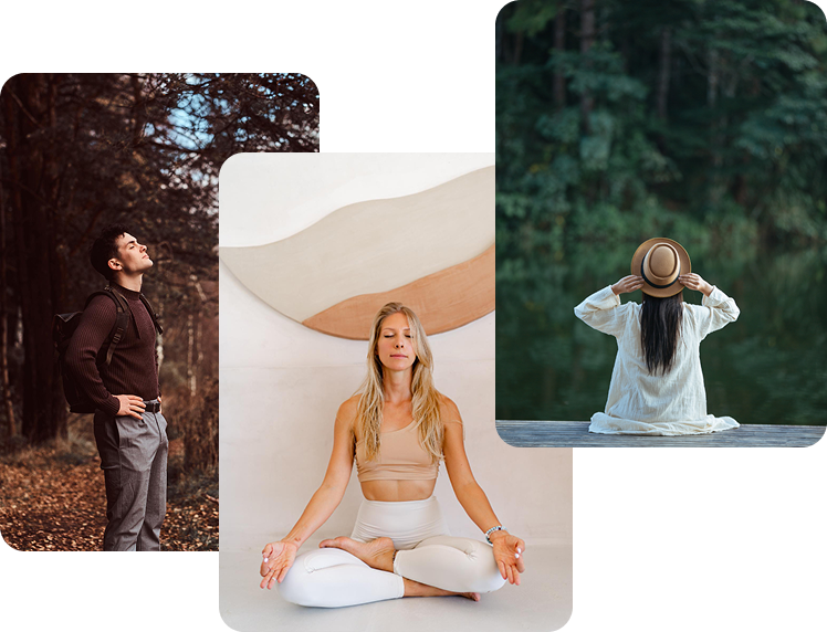 Three people shown in a content and meditative state. Two are outdoors in nature, one is indoors in a bright room.