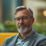 Well-groomed, professional, middle-aged man, wearing glasses.